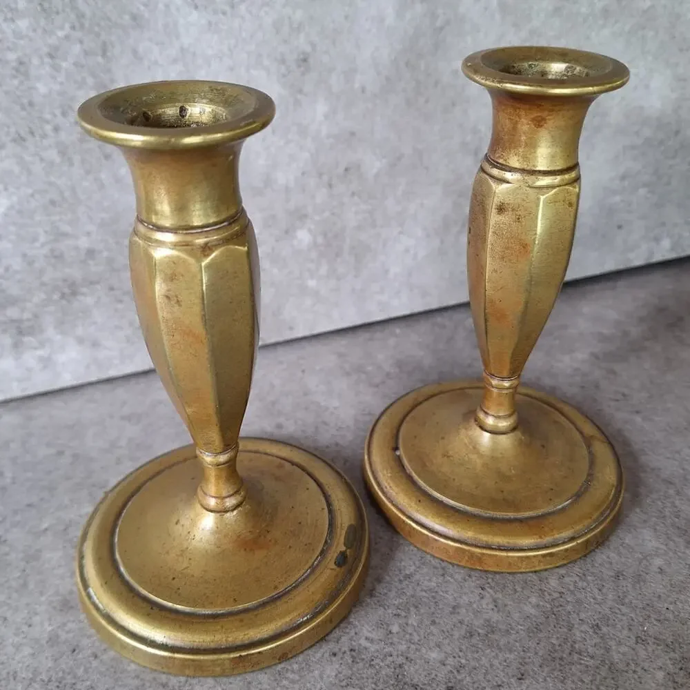 Vintage set of 2 solid brass skinny candle stick holders rustic farm house decor